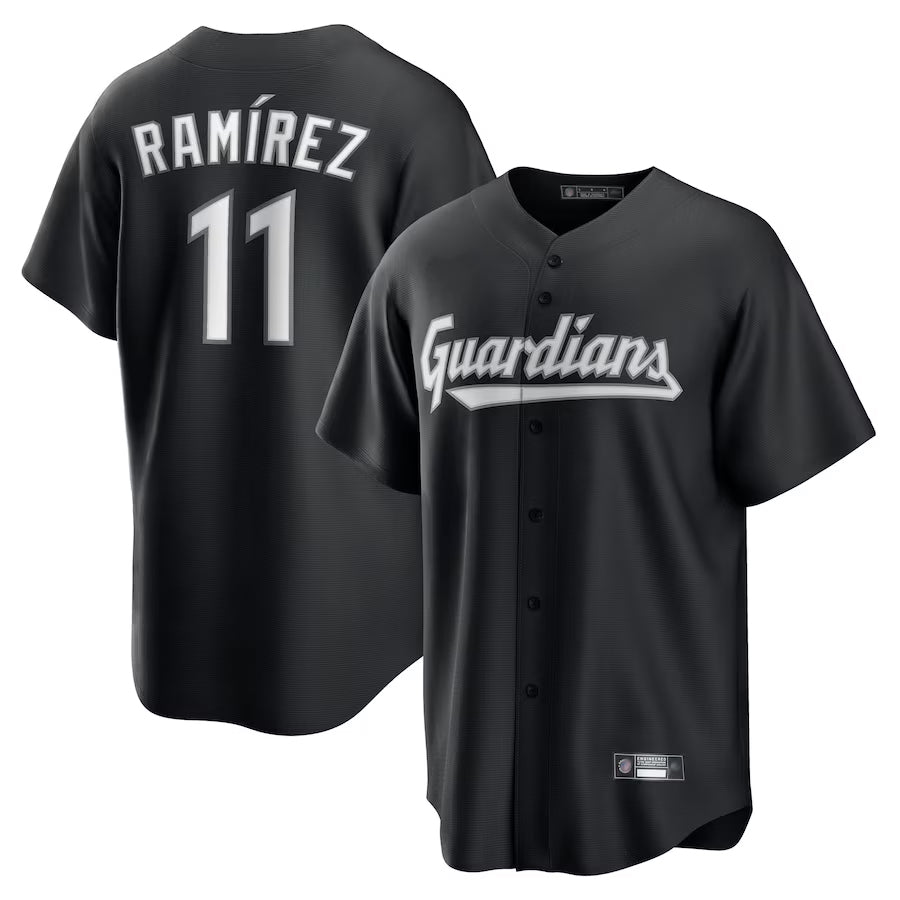 C.Guardians #11 Jose Ram隆搂arez Player Black Lights Out Replica Baseball Jerseys